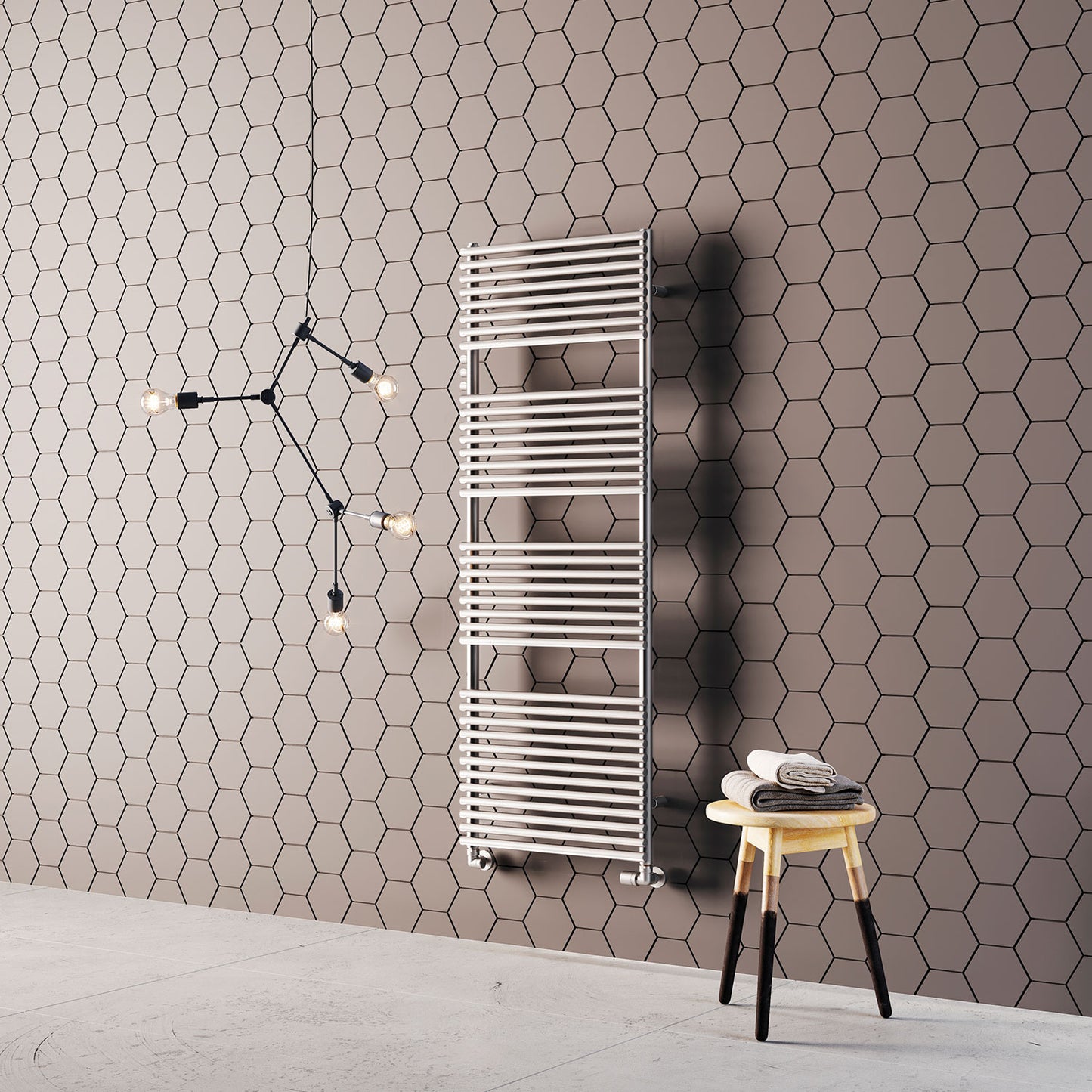 A modern bathroom featuring a white stainless steel radiator