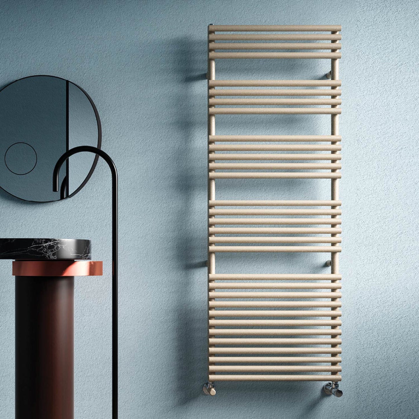 Towel radiator against a light blue wall with a mirror and black cylindrical object.