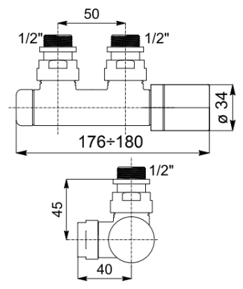 Elegant Angled Valve with Pipe Centers 50mm and Thermostatic Head - Multiple Finishes Available