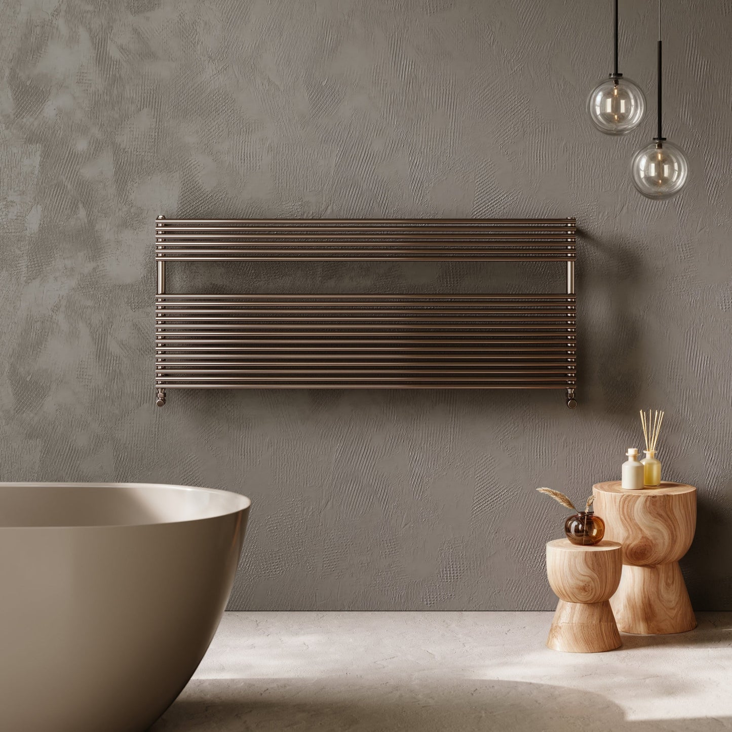 A Stainless Steel Horizontal towel radiator on a gray wall above a bathtub.
