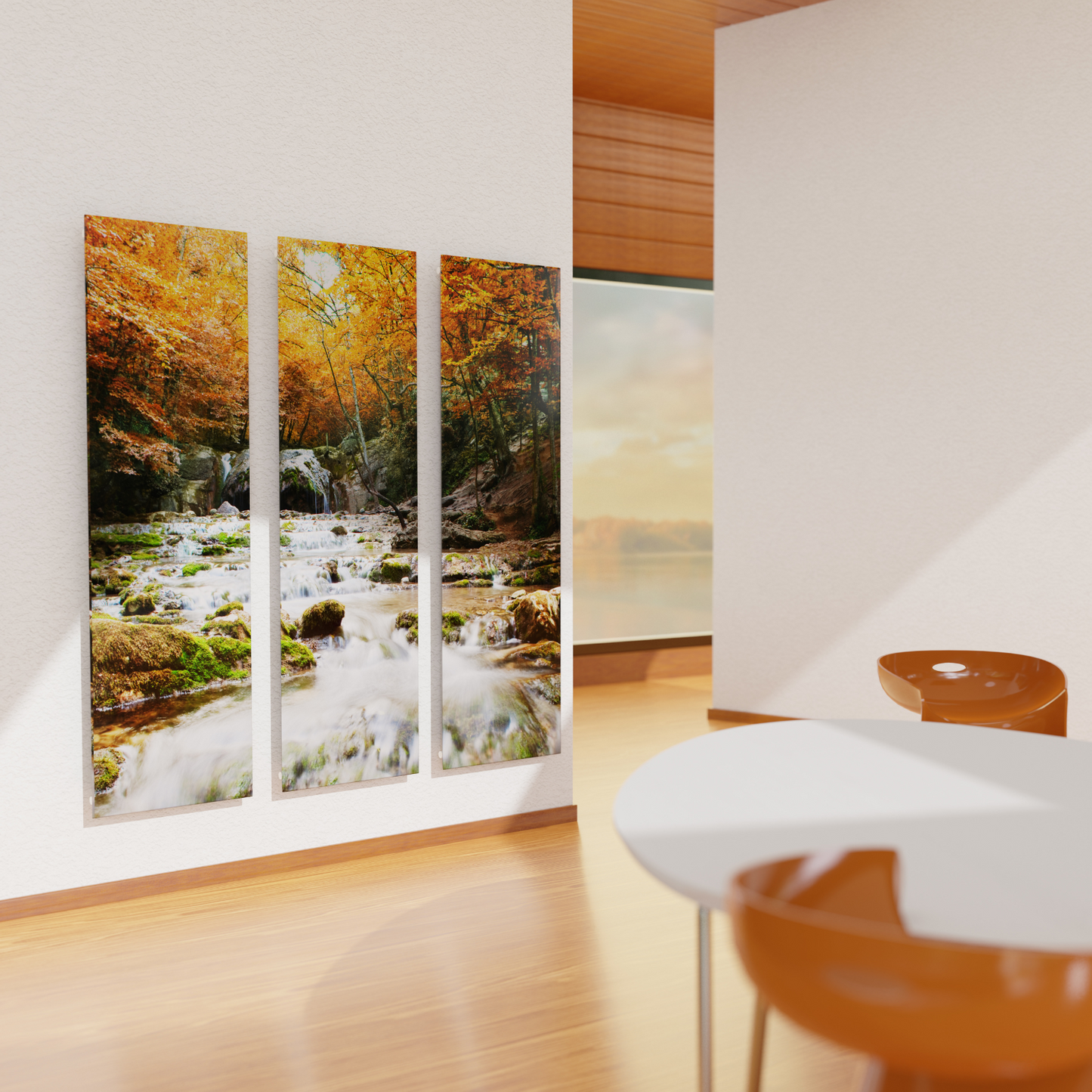 Modern interior with a large wall radiator depicting a nature scene.