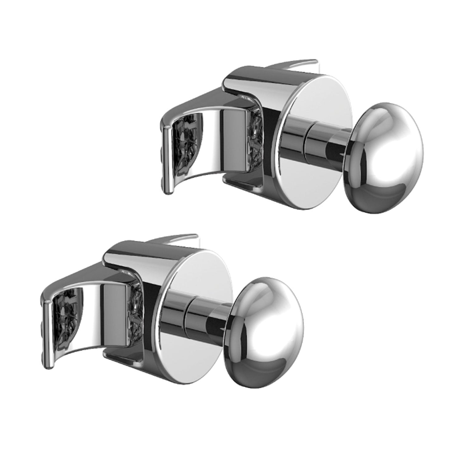 A pair of silver chrome towel hooks with a round backplate and spherical finial.