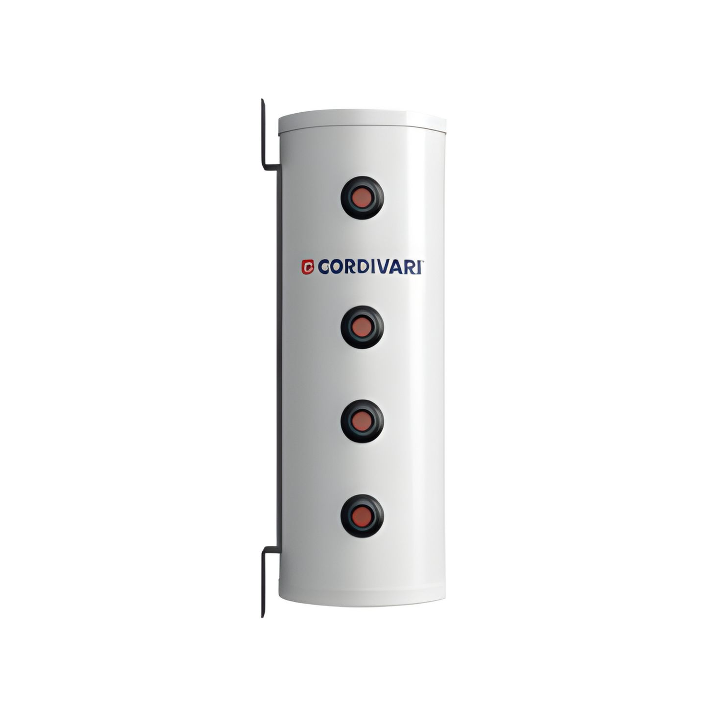 White cylindrical water heater with red buttons and 'Cordivari' branding on a white background