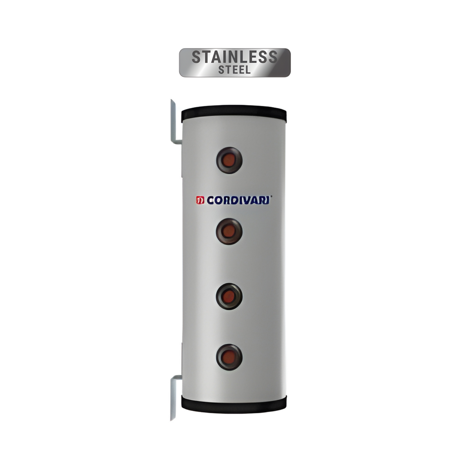 Stainless steel water heater with Cordivari branding on a white background