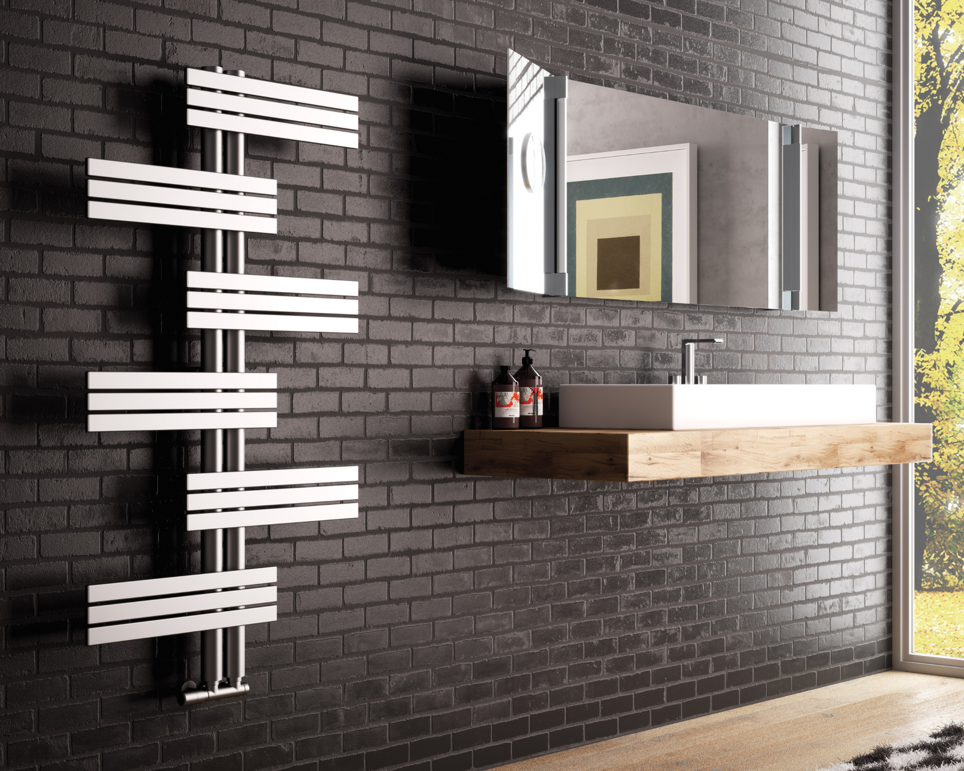 Bathroom with black brick wall, wooden vanity, and modern Cordivari Babyla towel radiator.