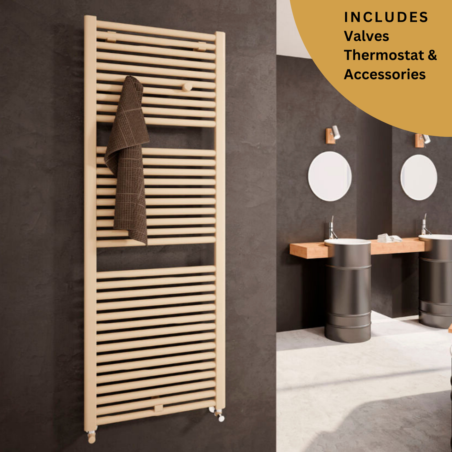 Beige towel radiator on a dark wall with a bathroom setting in the background