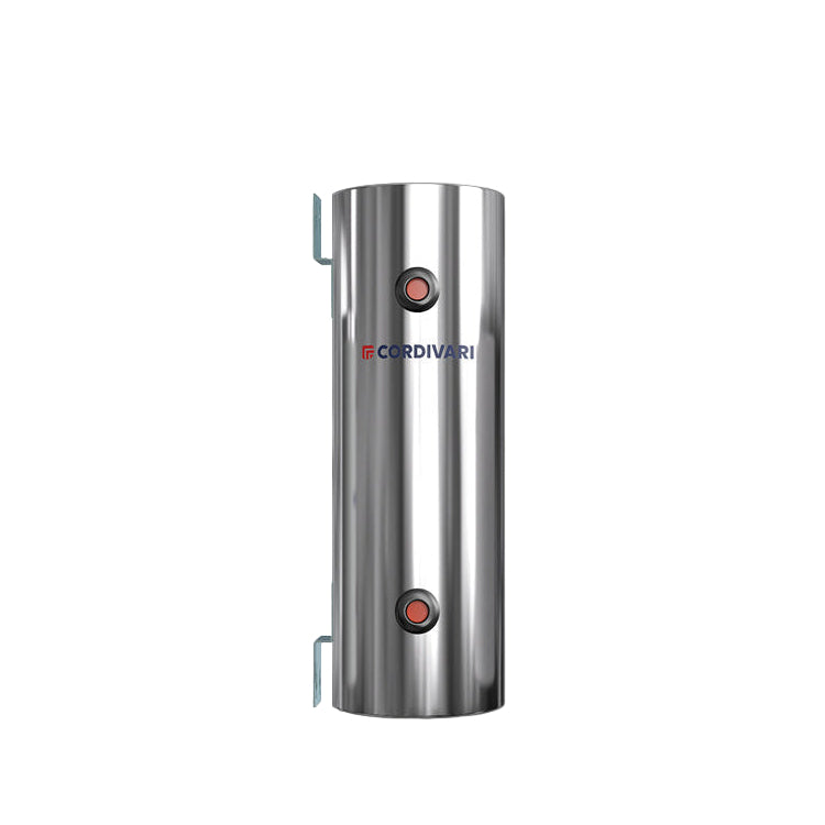 Stainless steel water heater with brand logo on a white background