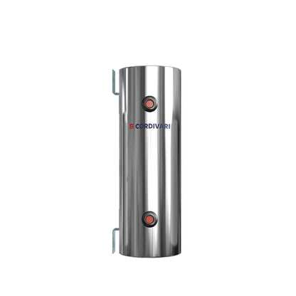 Stainless steel water heater with brand logo on a white background
