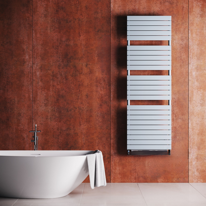 White towel radiator against a copper-colored wall with a bathtub.