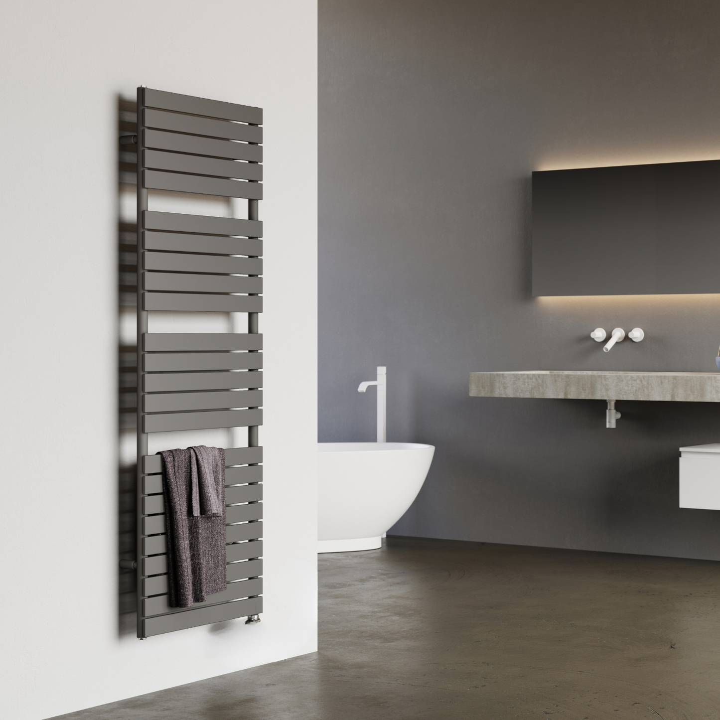 Gray towel radiator in a modern bathroom.