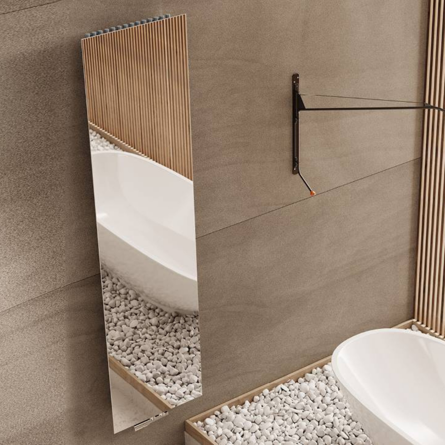 A vertical hot water radiator made of stainless steel, with a sleek, modern design, mounted in a bathroom setting. The radiator has a polished finish and is fitted against a tiled wall next to a white bathtub.