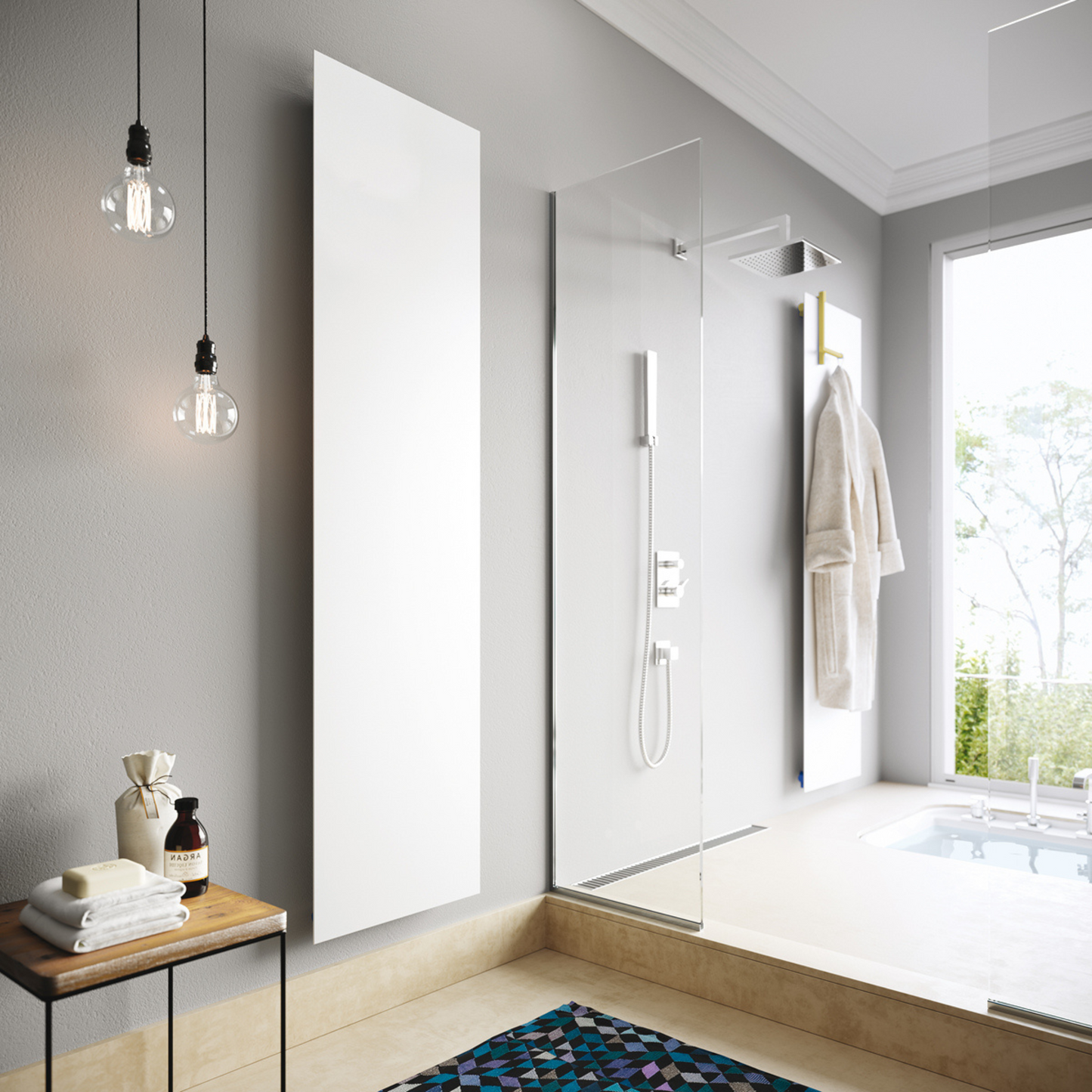 Modern bathroom radiator with glass shower enclosure, bathtub, and wooden bench.