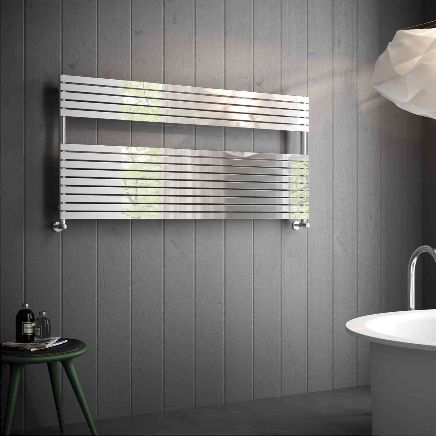 Bathroom with a modern towel radiator on a gray wall, a white bathtub, and a decorative light fixture.