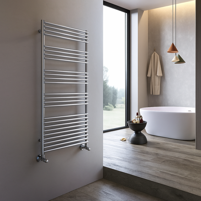 Towel radiator mounted on a wall in a modern bathroom with a bathtub and window.