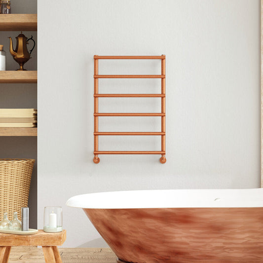Bathroom with brass towel rack, freestanding bathtub, and shelves.