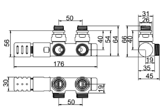 Tinta Square Valve (Left) Pipe Centers 50 mm - with Thermostatic Head