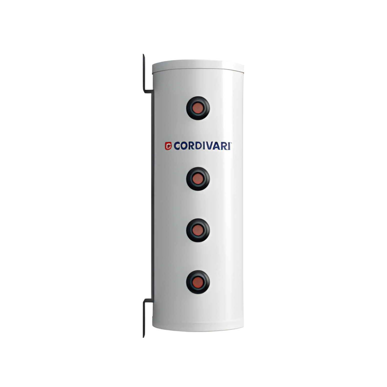 White cylindrical water heater with red buttons and 'Cordivari' branding on a white background