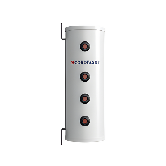 White cylindrical water heater with red buttons and 'Cordivari' branding on a white background