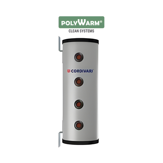 Hot water tank with PolyWarm and Cordivari branding on a white background