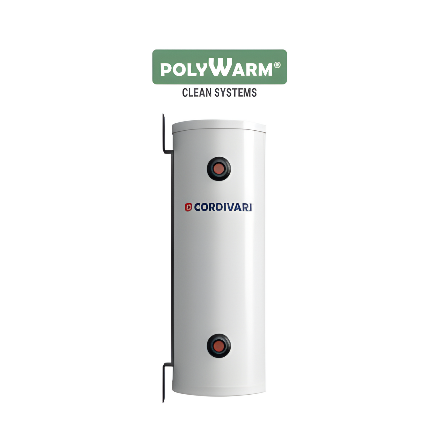 White cylindrical water heater with PolyWarm and Cordivari branding on a white background