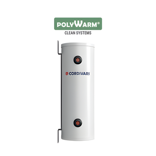 White cylindrical water heater with PolyWarm and Cordivari branding on a white background