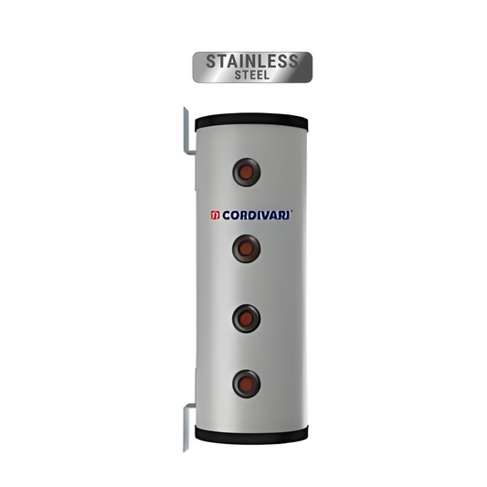 Stainless steel water heater with Cordivari branding on a white background