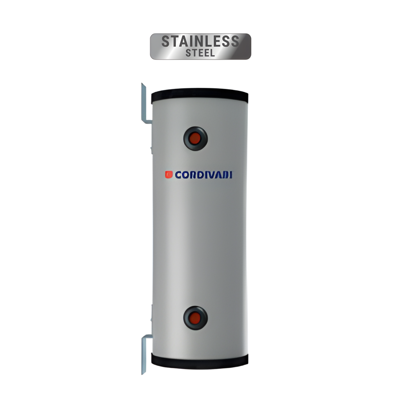 Stainless steel Conovadi water heater on a white background