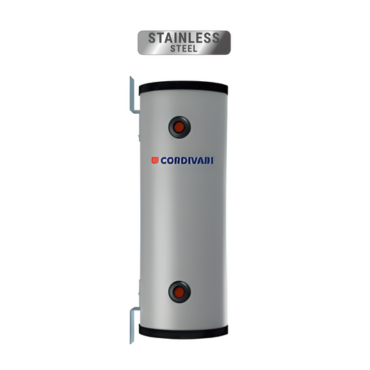 Stainless steel Conovadi water heater on a white background