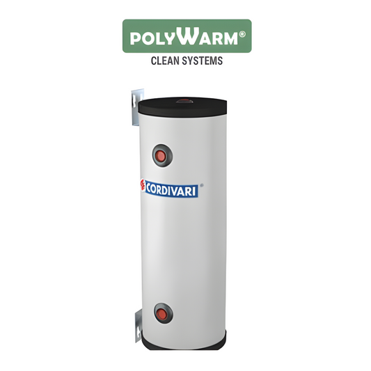 White cylindrical water heater with PolyWarm and Cordivari branding on a white background