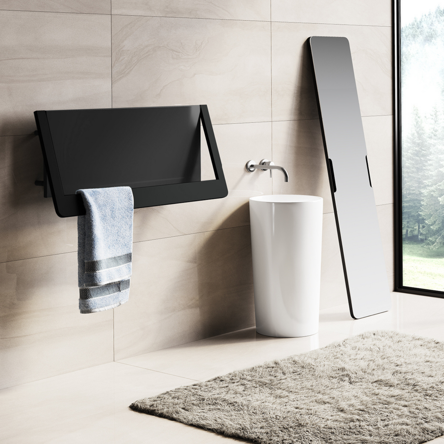 Modern bathroom with a freestanding sink, towel rack, and window.