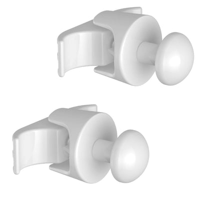 Two white towel hooks designed for hanging items, isolated on a white background.